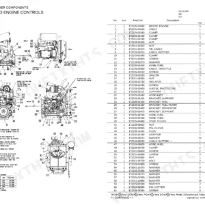 Yanmar S165R engine and engine controls exploded view diagram and parts list with speed specifications table.