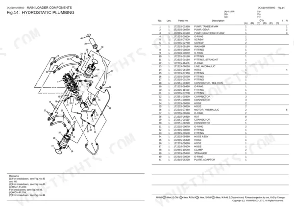 Yanmar S165R hydrostatic plumbing exploded view diagram and parts list for hydraulic pumps, hoses, and fittings.