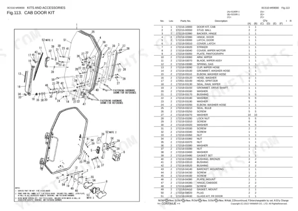 Yanmar S190R, S220R exploded view diagram and parts list for the cab door kit assembly and components.