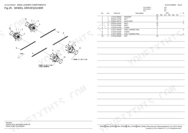 Yanmar S190R, S220R exploded view of wheel drive components, axle assembly, chains, and hardware parts list.
