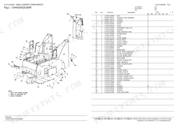 Yanmar S190R, S220R exploded view diagram and parts list for main chassis components, covers, and fuel tank hardware.