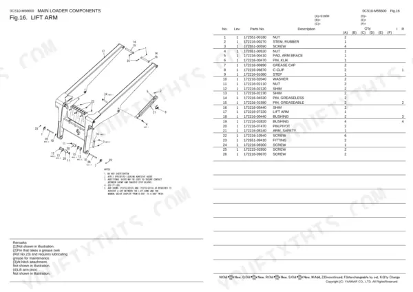 Yanmar S190R exploded view diagram and parts list for lift arm assembly, including pins, bushings, and hardware.
