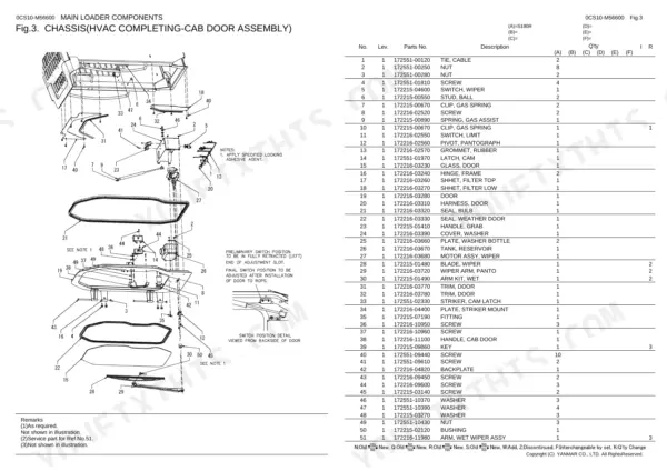 Yanmar S190R exploded view of cab door assembly with parts list for HVAC completing components.