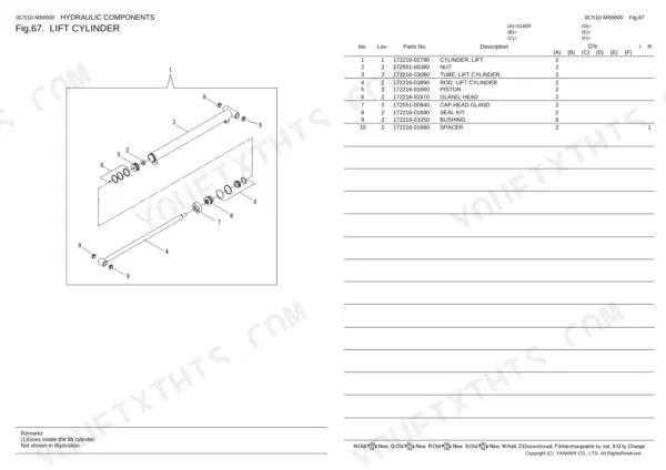 Yanmar S190R exploded view parts list for hydraulic lift cylinder, including rod, piston, gland, and seal kit components.