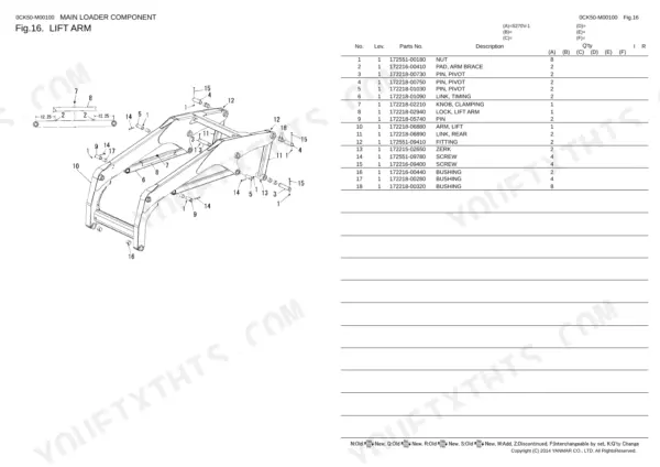 Yanmar S270V-1 exploded view diagram and parts list for the main loader lift arm assembly with numbered components.