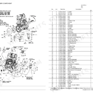 Yanmar S270V-1 engine exploded view diagram and parts list for main loader components including mounts, hoses, and brackets.