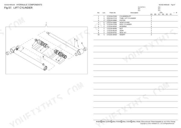Yanmar S270V-1 exploded view diagram and parts list for the hydraulic lift cylinder assembly.