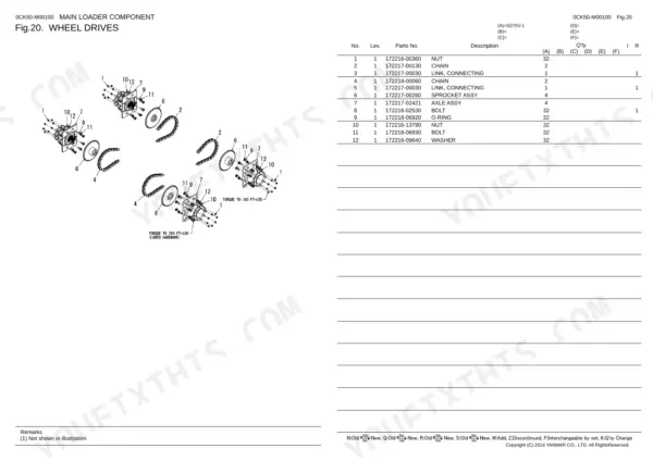 Yanmar S270V-1 wheel drives exploded view diagram with parts list, axle assembly, chains, sprockets, and torque specifications.