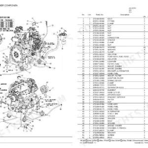 Yanmar S270V engine exploded view diagram and parts list for main loader components including fuel and oil systems.
