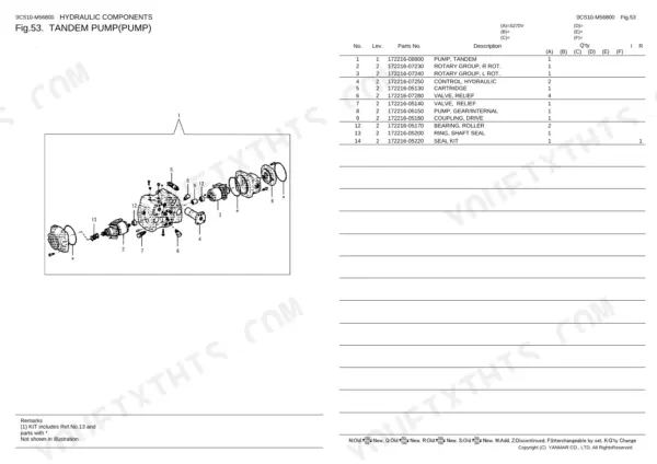 Yanmar S270V exploded view diagram and parts list for the tandem hydraulic pump assembly components.