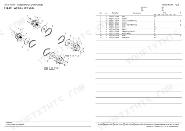 Yanmar S270V wheel drive exploded view diagram with parts list, axle assembly, chain, and torque specifications.