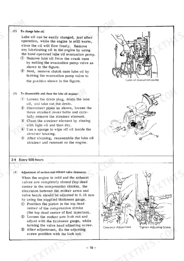 Yanmar SKE service manual procedures for changing lube oil, cleaning the oil strainer, and adjusting valve clearances.