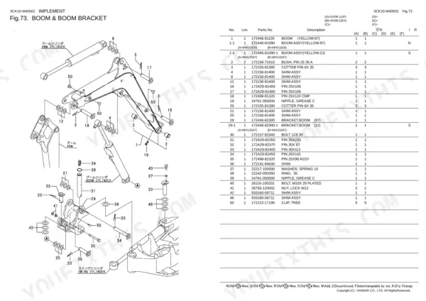 Yanmar SV08-1 (JP), SV08-1 (EX), 2TE67L-BV exploded view diagram and parts list for boom and boom bracket assembly.