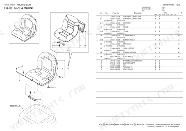 Yanmar SV08-1 (JP), SV08-1 (EX), 2TE67L-BV exploded view diagram and parts list for operator seat and mount assembly.