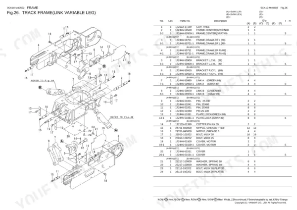 Yanmar SV08-1 (JP), SV08-1 (EX), 2TE67L-BV exploded view diagram and parts list for the track frame variable leg.