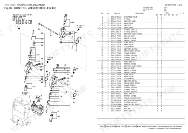 Yanmar SV08-1 (JP), SV08-1 (EX), 2TE67L-BV control valve exploded view and parts list for fixed leg hydraulic system.