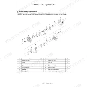 Yanmar SV08-1A hydraulic pump exploded view diagram and parts list including gears, seals, and housing components.