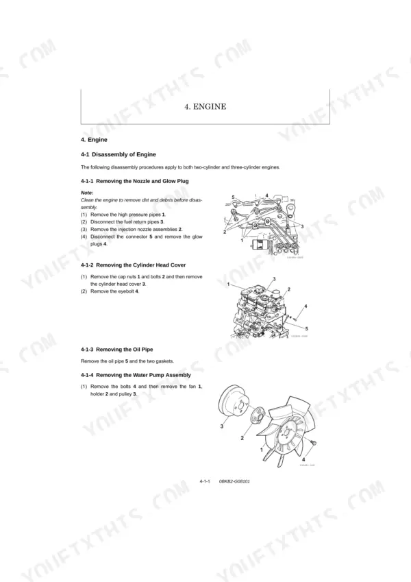 Yanmar SV08-1A engine disassembly procedures for nozzle, glow plug, cylinder head cover, oil pipe, and water pump.