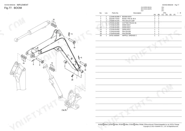 Yanmar SV08-1B exploded view of boom assembly with parts list including pins, bushings, shims, and grease nipples.