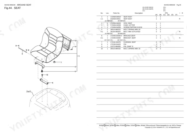 Yanmar SV08-1B exploded view parts diagram and table for seat assembly, including brackets, bolts, and seat cushion.
