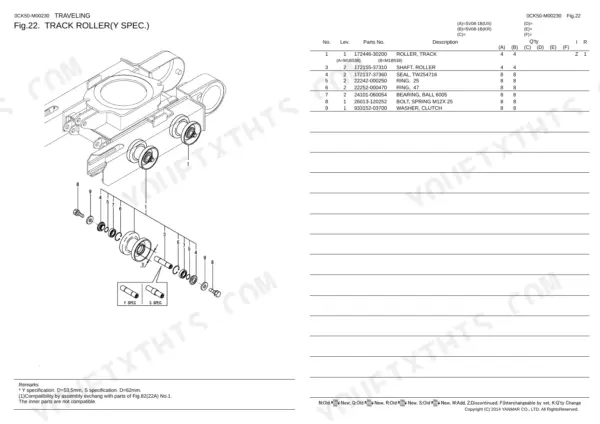 Yanmar SV08-1B exploded view diagram and parts list for the track roller assembly, including shaft, seals, and bearings.