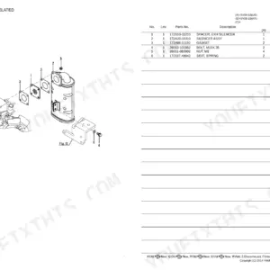Yanmar SV08-1B exploded view diagram and parts list for the engine muffler assembly, including silencer and gaskets.