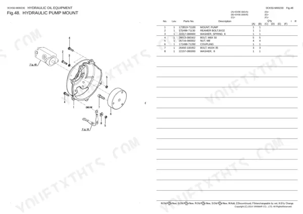 Yanmar SV08-1B hydraulic pump mount exploded view diagram and parts list with bolts, nuts, and coupling components.