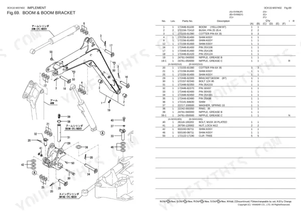 Yanmar SV08 (JP), SV08 (EX), SV08, 2TNE68-EBVA exploded view diagram and parts list for boom and boom bracket assembly.