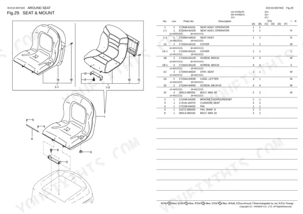 Yanmar SV08 (JP), SV08 (EX), SV08, 2TNE68-EBVA exploded view diagram and parts list for operator seat and mount.