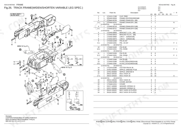 Yanmar SV08 (JP), SV08 (EX), SV08, 2TNE68-EBVA exploded view of variable track frame components and parts list.