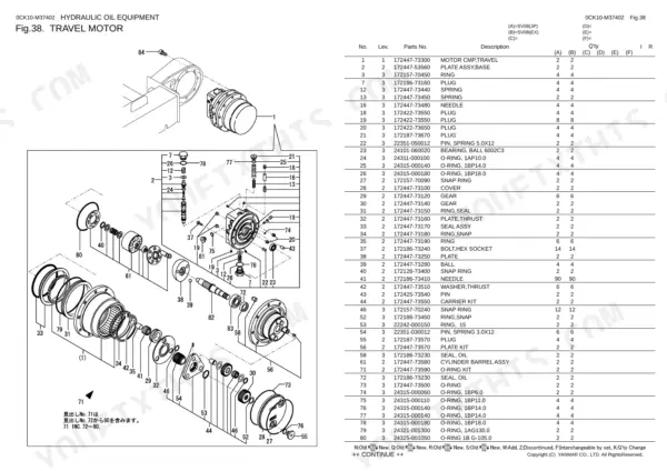 Yanmar SV08 (JP), SV08 (EX), SV08, 2TNE68-EBVA travel motor exploded view diagram and parts list table.