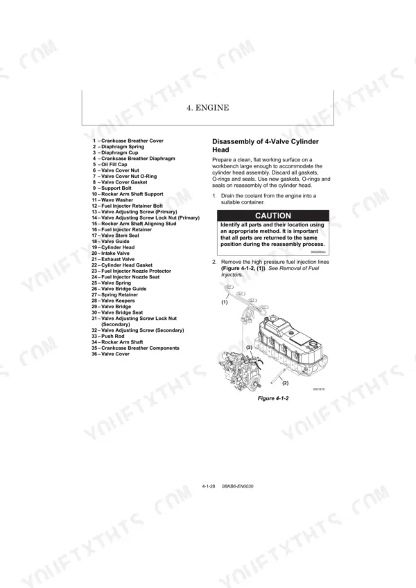 Yanmar SV100-1A engine cylinder head disassembly procedure, parts list, and fuel injection line diagram.