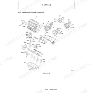 Yanmar SV100-1A exploded view diagram of engine crankshaft, camshaft, pistons, and oil pan components.