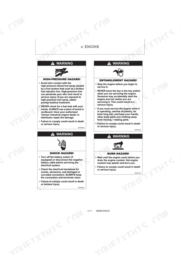 Yanmar SV100-1A engine service manual safety warnings for high-pressure, entanglement, shock, and burn hazards.
