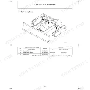 Yanmar SV100-2A 2PB blade moving device diagram and service standard table for cylinder and fulcrum wear limits.