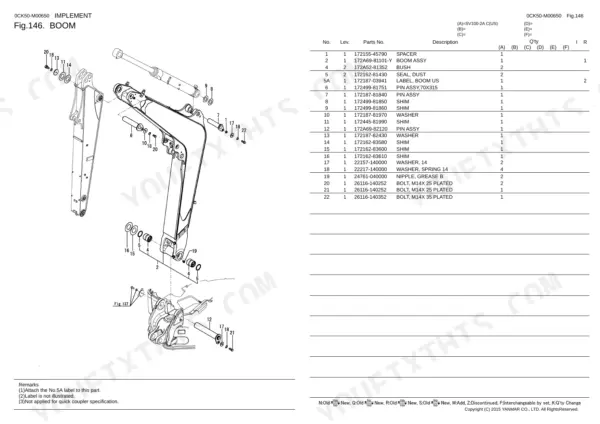 Yanmar SV100-2A exploded view diagram and parts list for the boom assembly, including pins, bushings, and shims.