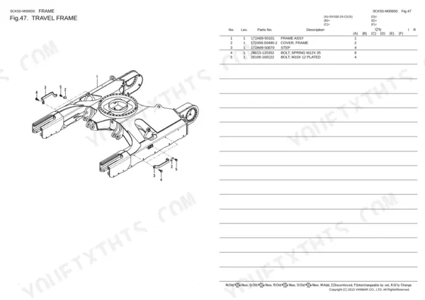 Yanmar SV100-2A travel frame exploded view diagram showing frame assembly, steps, and mounting bolts with parts list.