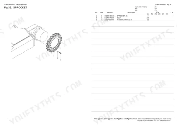 Yanmar SV100-2A exploded view diagram and parts list for the travel motor sprocket assembly.