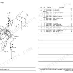 Yanmar SV100-2A parts diagram and list for engine silencer, DPF guard, and exhaust pipe components.