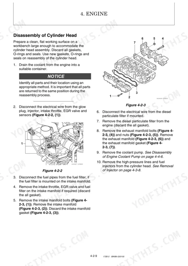 Yanmar SV100-2A (YCEE) engine cylinder head disassembly procedure, exhaust manifold exploded view, and sensor diagram.