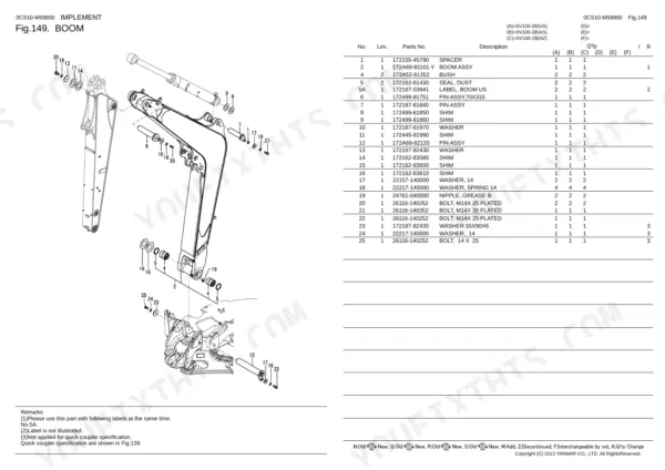 Yanmar SV100-2B exploded view diagram and parts list for the boom assembly, including pins, bushings, shims, and bolts.