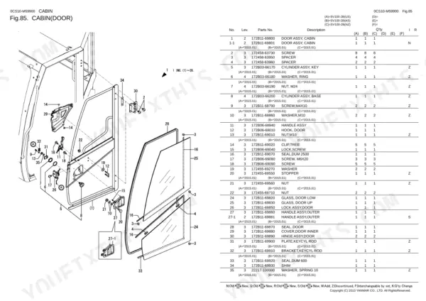 Yanmar SV100-2B exploded view parts diagram and list for cabin door assembly, including glass, hinges, and lock components.