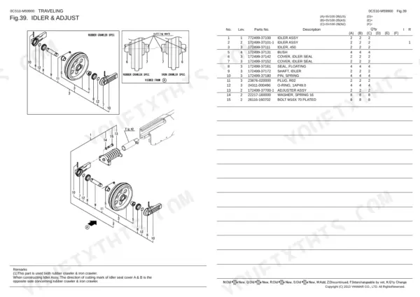 Yanmar SV100-2B exploded view diagram and parts list for the idler and adjuster assembly components.