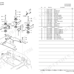 Yanmar SV100-2B exploded view diagram and parts list for engine mount components, including bolts, brackets, and washers.