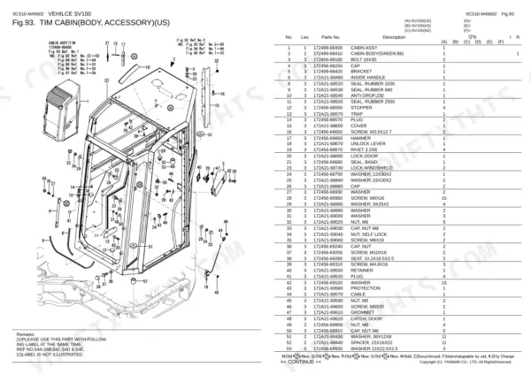 Yanmar SV100, 4TNV98T-SBV exploded view diagram and parts list for the cabin body and accessory assembly.