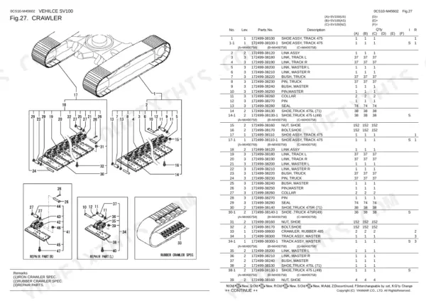 Yanmar SV100, 4TNV98T-SBV crawler parts diagram and list showing track shoe assembly, links, pins, and bushings.