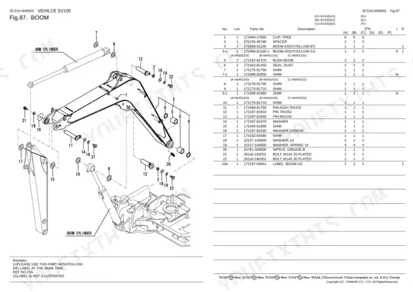 Yanmar SV100, 4TNV98T-SBV exploded view parts list for boom assembly, including pins, bushings, shims, and cylinders.