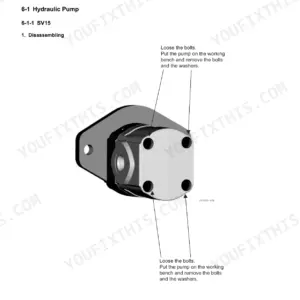 Yanmar SV15, SV17, SV17(EX) hydraulic pump disassembly procedure showing bolt and washer removal diagram.