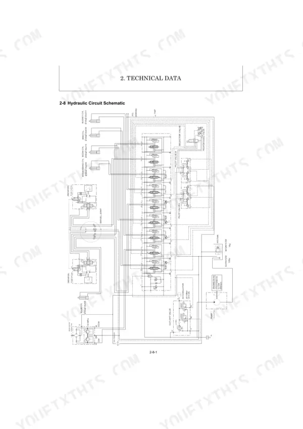 Yanmar SV16 hydraulic circuit schematic showing pump, control valves, cylinders, and motors for technical reference.