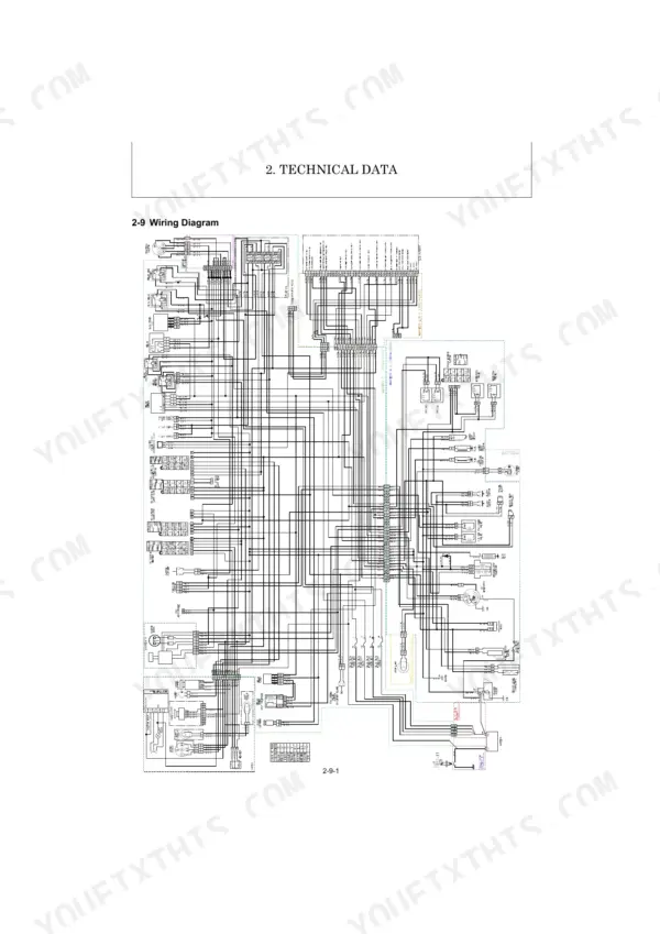 Yanmar SV16 technical data page showing the complete electrical system wiring diagram with harness connections.